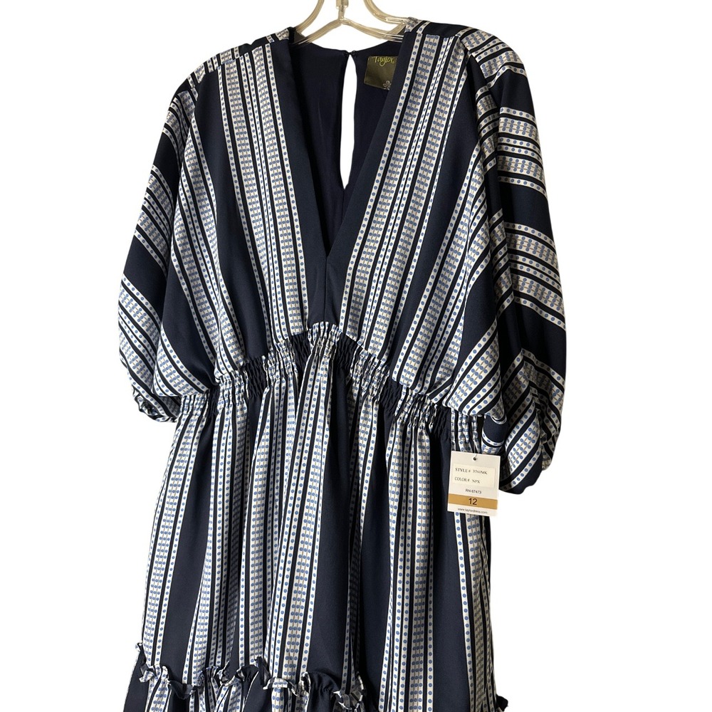 Taylor New York Womens Navy White Striped V-Neck Smocked Waist Ruffle Dress 12 - Picture 2 of 3